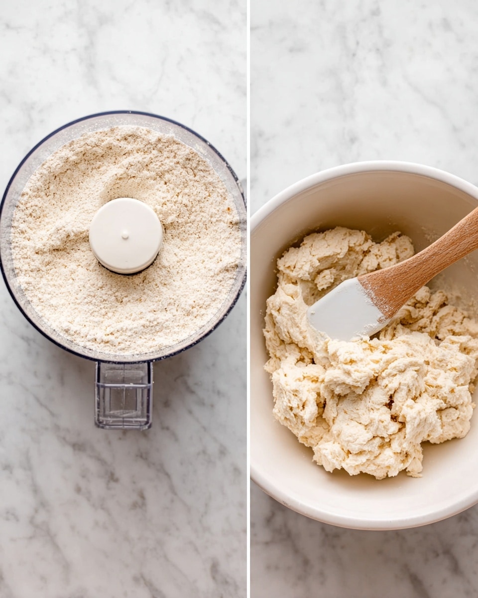 The image shows two parts side by side on a white marbled surface. On the left, there is a clear food processor bowl filled with a light beige, crumbly flour mixture that looks finely processed. In the center of the bowl is the processor's white blade base. On the right, there is a white bowl containing a rough, clumpy dough mixture with a slightly moist texture. A wooden spatula with a white silicone tip rests inside the bowl on the right side, partly embedded in the dough. The dough appears off-white and lumpy with some dry flour visible on the surface. Photo taken with an iphone --ar 4:5 --v 7