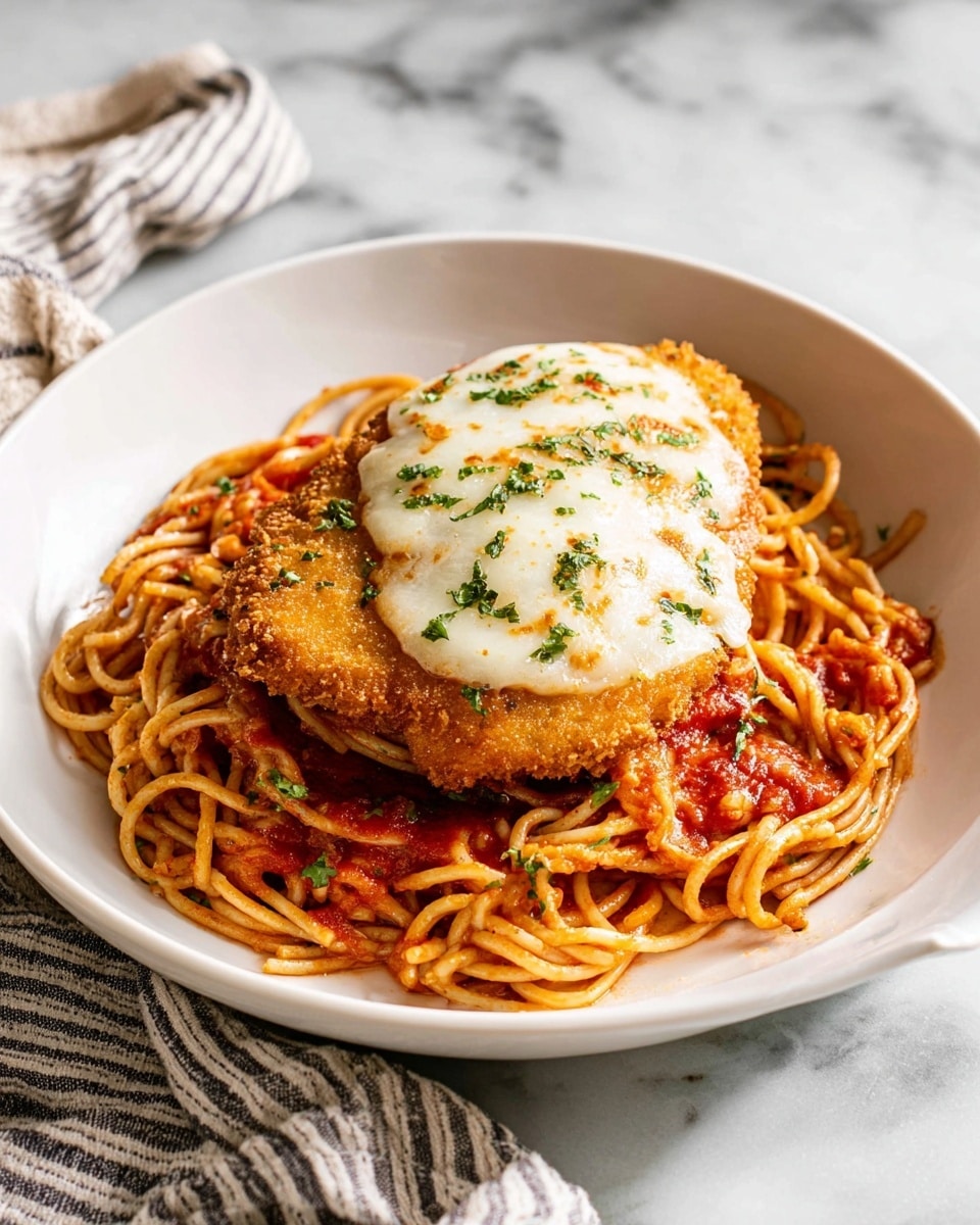 A white plate holds three visible layers: the bottom layer is a bed of orange-red spaghetti pasta mixed lightly with chunky red sauce, giving it a glossy, textured look; the middle layer shows a single golden-brown crispy fried piece shaped like a cutlet resting on the pasta; the top layer is melted white cheese with small green herb sprinkles, slightly browned in spots, covering part of the fried piece. The plate rests on a white marbled surface with a partially visible striped cloth nearby. Photo taken with an iphone --ar 4:5 --v 7