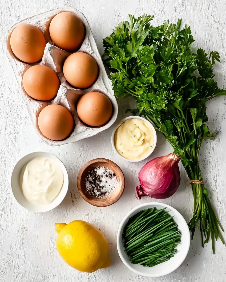 The image shows six brown eggs arranged in a white egg tray placed on the left side of the frame. To the right of the eggs, there is a bunch of fresh green parsley with vibrant leaves and stems. Below the parsley, there is a small white bowl filled with a creamy white sauce. Next to it, a small white bowl holds a pale yellow mustard. On the left bottom side, a white round dish contains fresh green chives, neatly laid side by side. In the middle of the setup, there is a whole lemon with a smooth bright yellow skin and a whole red onion with reddish-purple skin. A small round wooden bowl filled with coarse salt and black pepper rests near the center. All items are set on a white marbled textured surface, photo taken with an iphone --ar 4:5 --v 7