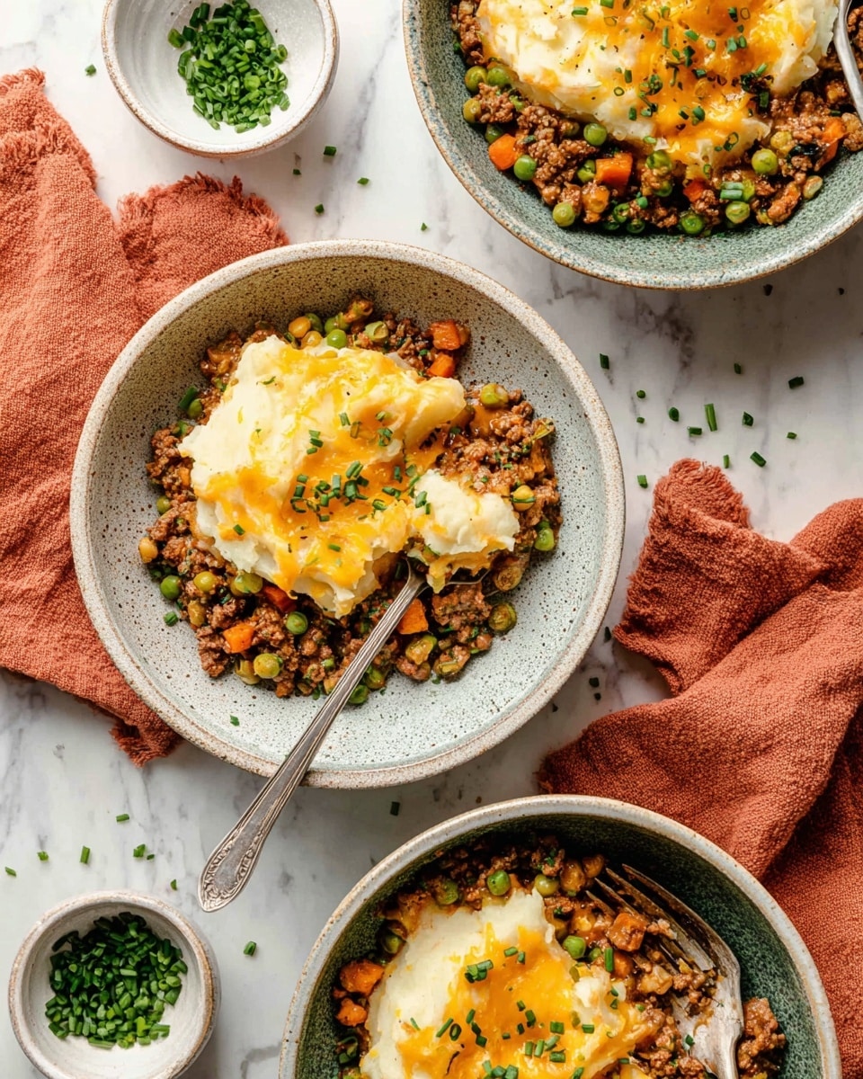 The image shows three speckled gray bowls filled with layered shepherd's pie on a white marbled surface. Each bowl has a base layer of cooked ground meat mixed with peas and small orange carrot pieces, with a rough texture and rich brown color. On top is a smooth layer of mashed potatoes, cream colored with some browned and slightly crispy edges. The mashed potatoes have melted cheddar cheese patches, glowing golden yellow. The dish is garnished with small pieces of chopped green chives scattered over the top and around the bowls. One bowl has a silver fork resting inside, and a small white bowl with extra chopped chives sits nearby. A soft, rust-colored cloth is placed to the side. Photo taken with an iphone --ar 4:5 --v 7