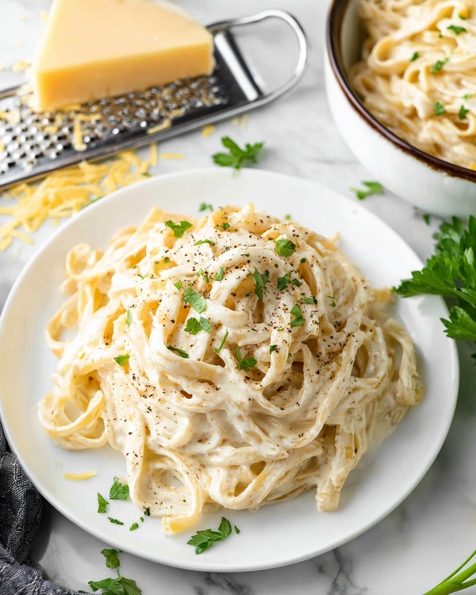 A white plate holds a pile of creamy fettuccine pasta with a smooth white sauce covering the noodles. The pasta is sprinkled with black pepper and small green parsley leaves scattered on top and around. To the top left on the white marbled surface, there is a metal grater with a wedge of pale yellow cheese and some shredded cheese pieces nearby. In the top right corner, a white bowl with a dark rim shows more pasta with the same sauce. A piece of green parsley lies near the grater and some are blurred on the bottom right. Photo taken with an iphone --ar 4:5 --v 7