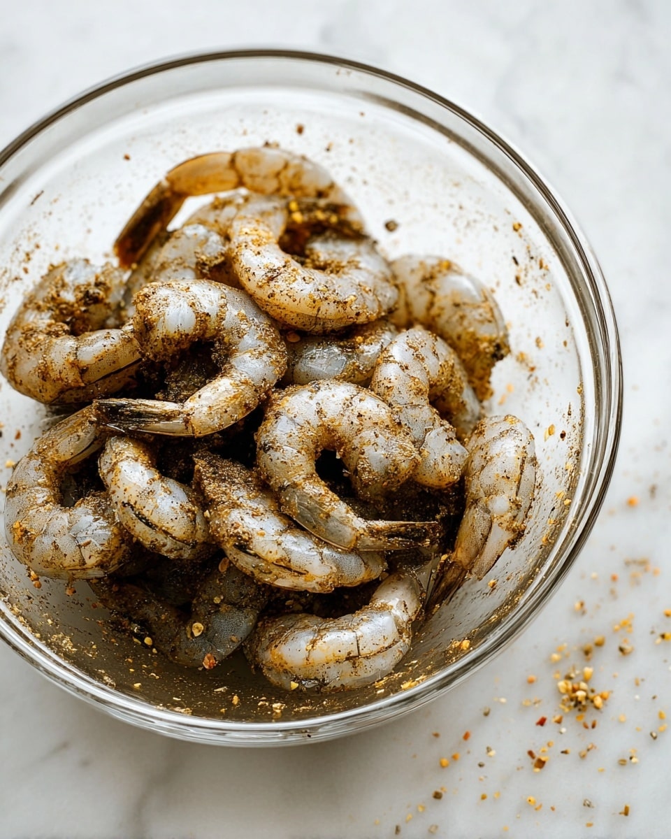 A clear glass bowl filled with raw shrimp that are coated in a dark spice mix, making the shrimp look gray with brown speckles. The shrimp are curled and layered in the bowl, showing their shells and tails. The bowl sits on a white marbled surface with some spice bits scattered inside the bowl near the shrimp. Photo taken with an iphone --ar 4:5 --v 7