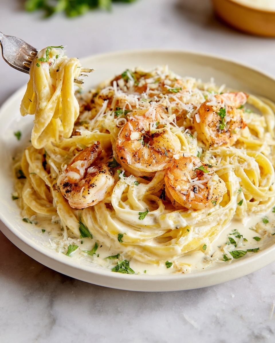 A white plate holds creamy pasta made of thick, yellow noodles twisted in a loose pile as the base layer. On top, pink shrimp with light char marks are scattered evenly. The dish is covered with a creamy white sauce that coats the noodles and shrimp lightly. Finely grated white cheese and small pieces of green herbs are sprinkled generously over everything. A woman's hand holding a fork is twirling some noodles near the bottom left. The plate rests on a white marbled surface with a slight blur in the background. Photo taken with an iphone --ar 4:5 --v 7