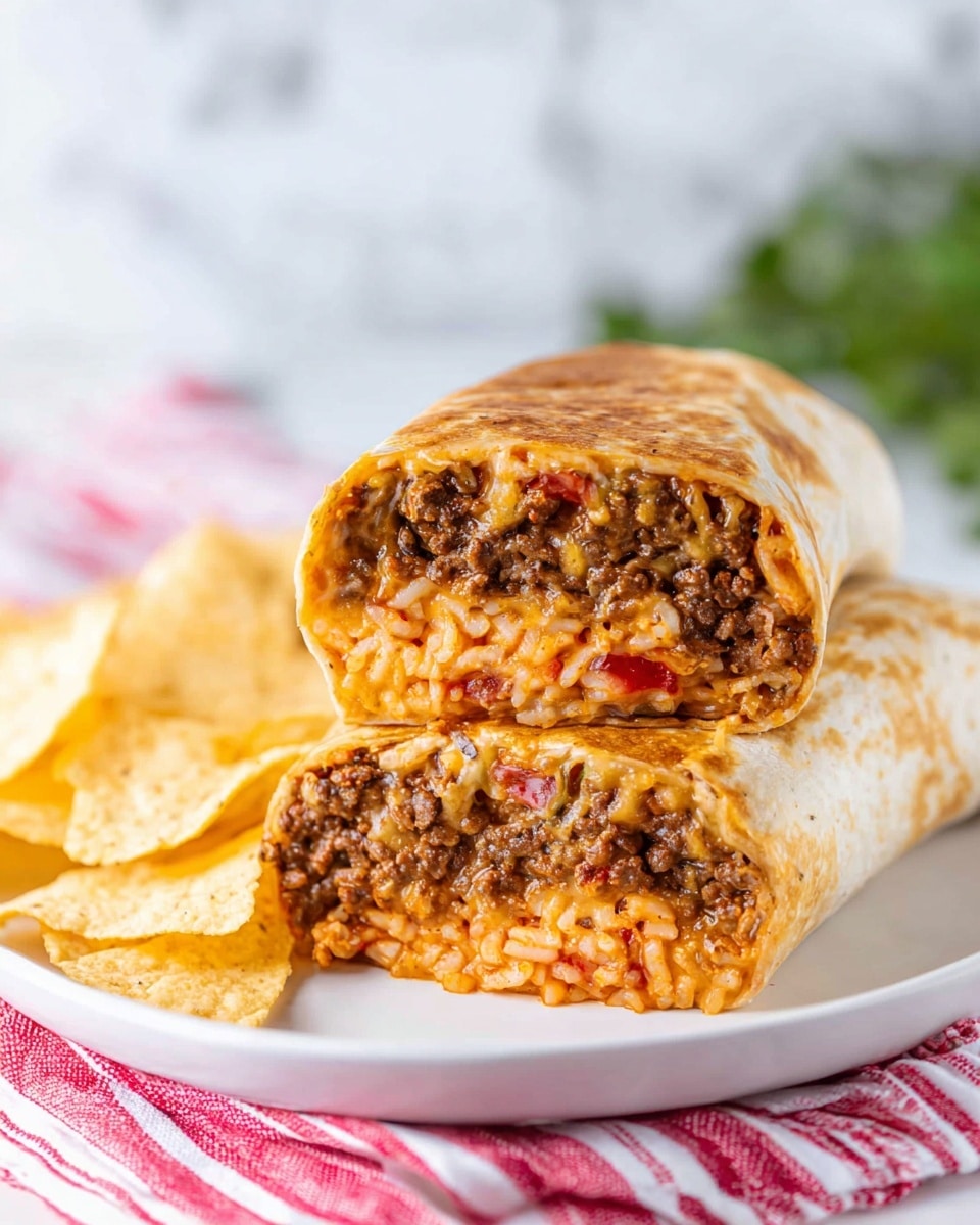 The image shows two halves of a burrito stacked on a white plate, each half cut to reveal three visible layers inside: the top layer is crumbly brown cooked ground meat, the middle layer is orange-tinted rice mixed with the meat, and the bottom layer has melted cheese with small bits of red sauce or salsa. The burrito’s outer wrap is a golden brown with a slight crisp texture on top and a soft, light yellowish color underneath. Around the burrito on the plate, there are light yellow tortilla chips with a lightly rough texture. The plate rests on a red and white striped cloth, and the background is a soft, blurred white marbled texture with a hint of greenery out of focus. photo taken with an iphone --ar 4:5 --v 7