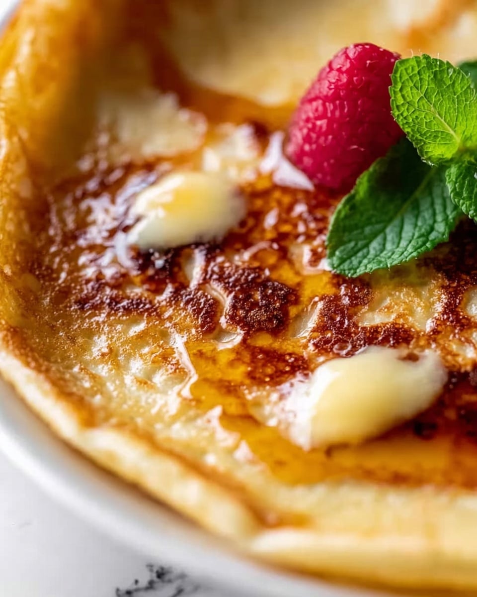 A close-up view of a golden-brown crepe with a smooth, slightly crispy texture, topped with three small pats of melted butter that have spread softly across the surface. A bright red raspberry sits at the edge of the crepe near a small sprig of green mint leaves, adding a fresh contrast in color. The crepe is placed on a white plate set against a white marbled background, emphasizing the warm tones of the food. The lighting highlights the shiny syrup pools and the delicate crispiness of the crepe. Photo taken with an iphone --ar 4:5 --v 7