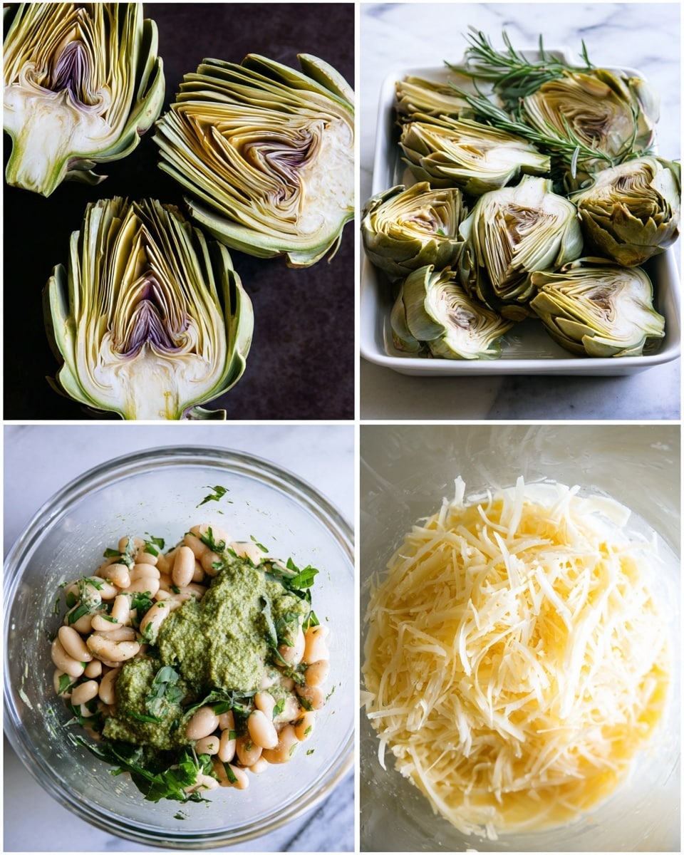 The image shows four parts of a cooking process. The top left is a close-up of fresh artichokes halved, showing layers of light green and cream leaves with purple tips, placed on a dark surface. The top right shows the artichoke halves arranged in a white dish with green sprigs of rosemary on top, all laid on a white marbled surface. The bottom left shows a glass bowl with artichoke hearts mixed with white beans, fresh green herbs, and a dollop of green paste. The bottom right shows a close-up of a creamy mixture in a glass bowl with shredded light yellow cheese on top, ready to be blended. Photo taken with an iphone --ar 4:5 --v 7