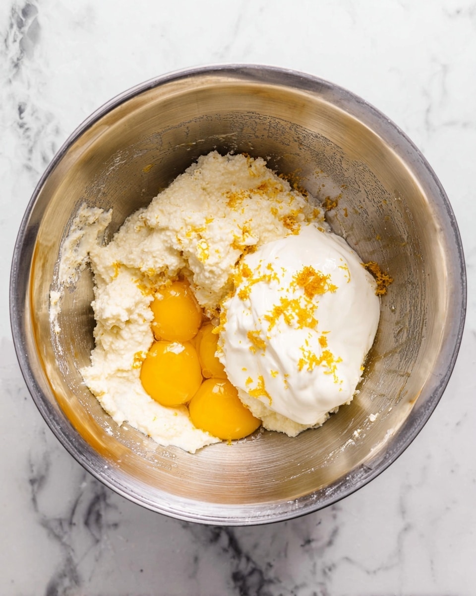In a shiny metal bowl placed on a white marbled surface, there are three main layers of ingredients. At the bottom, there is a thick, creamy white mixture with a grainy texture. Above this, some bright yellow egg yolks sit together, adding a smooth and glossy layer. On the top right side, there is a dollop of thick white cream, slightly shiny and smooth, with small bits of bright yellow zest sprinkled over the whole mixture. The bowl's inner walls have some remnants of the ingredients. photo taken with an iphone --ar 4:5 --v 7