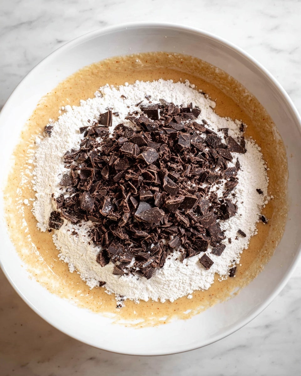 A white bowl sits on a white marbled surface, filled with three visible layers of ingredients. The bottom layer is a smooth, light brown batter spread evenly in the bowl. On top of the batter is a second layer of white flour, lightly dusted and spread in a ring around the inside edge. The top layer is a pile of dark brown chopped chocolate chunks, clustered mostly in the center, contrasting with the white flour and brown batter beneath. Photo taken with an iphone --ar 4:5 --v 7