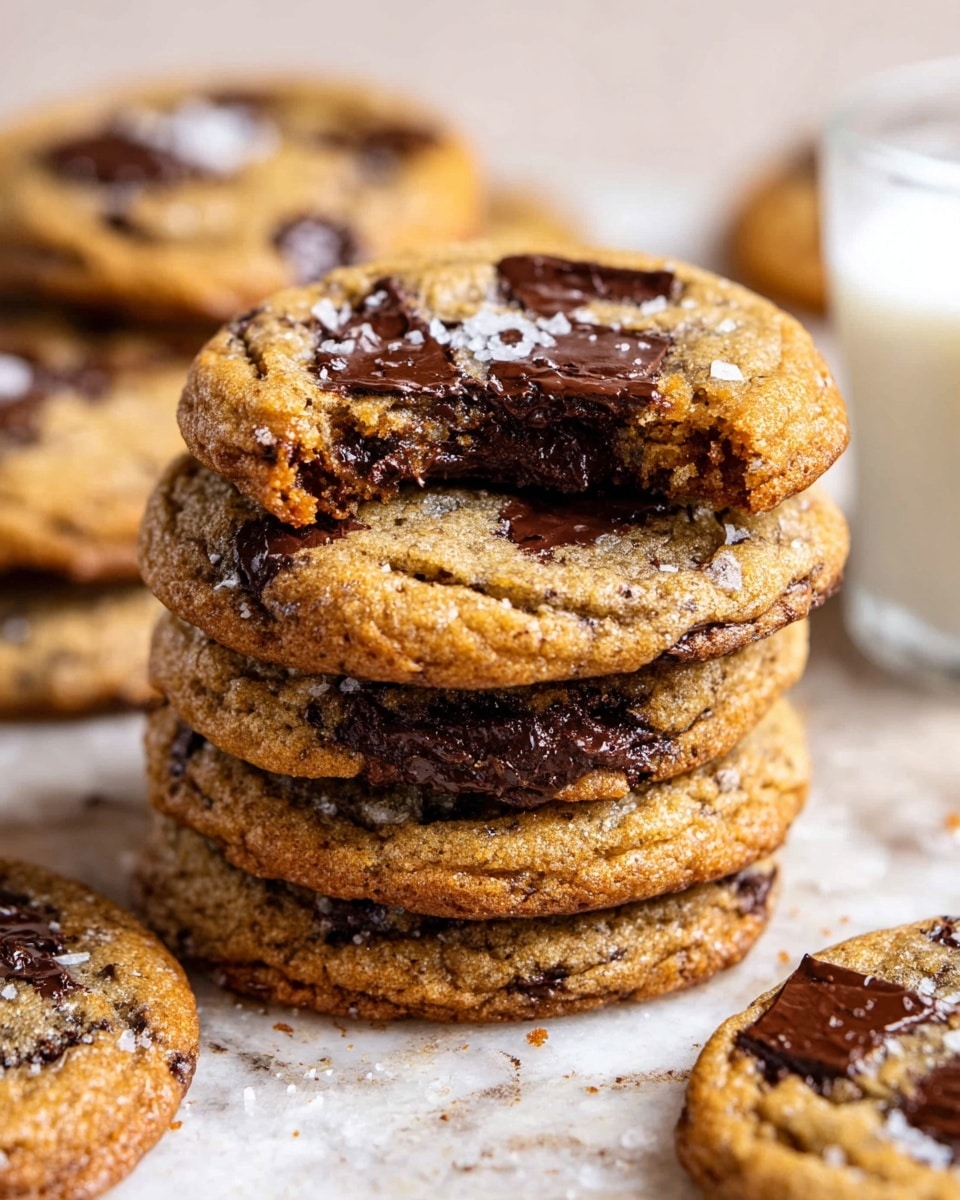 A stack of five golden-brown cookies sits on a white marbled surface, each cookie thick with a slightly rough texture and studded with melted dark chocolate chunks. The top cookie has a visible bite taken out of it, showing a soft, chewy inside. Flakes of white sea salt are scattered on the cookie surface, adding contrast to the dark chocolate and warm cookie tone. In the background, more cookies are blurred, and a glass of milk is partially visible on the right side. Photo taken with an iphone --ar 4:5 --v 7
