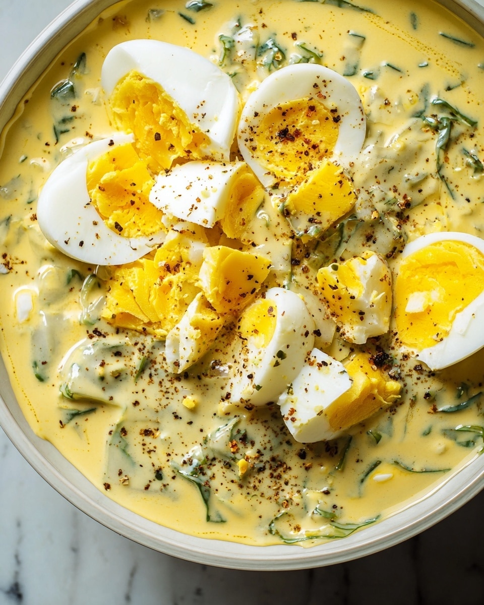 The image shows a close-up view of a bowl filled with a creamy yellow sauce with green herb specks mixed inside. On top and partially mixed into the sauce are several pieces of hard-boiled eggs; some are whole halves with bright yellow yolks and white edges, while others are broken into smaller pieces scattered across the sauce. The eggs have black pepper sprinkled over them, adding small dark dots. The bowl is white, and the surface around it has a white marbled texture. Photo taken with an iphone --ar 4:5 --v 7