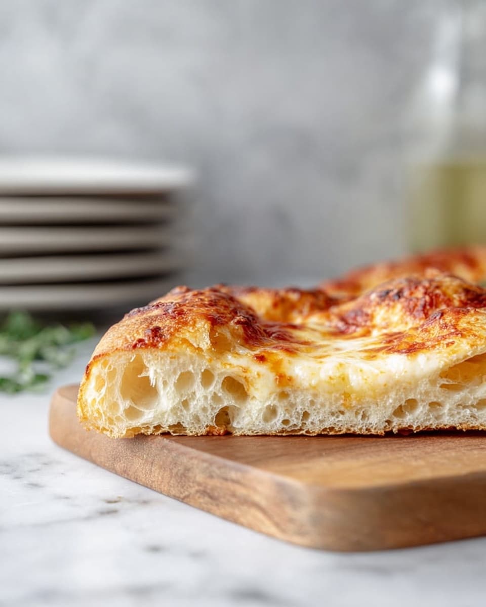 The image shows a close-up side view of a single slice of pizza lying on a wooden board. The pizza has two main layers: a thick, airy crust at the bottom with many large air pockets visible inside, showing a light golden color and a soft texture; on top of the crust is a layer of melted cheese that is creamy white with golden brown spots, giving it a slightly bubbly and cooked look. The background is softly blurred with a stack of white plates and some green herbs to add depth, all resting on a white marbled surface. photo taken with an iphone --ar 4:5 --v 7