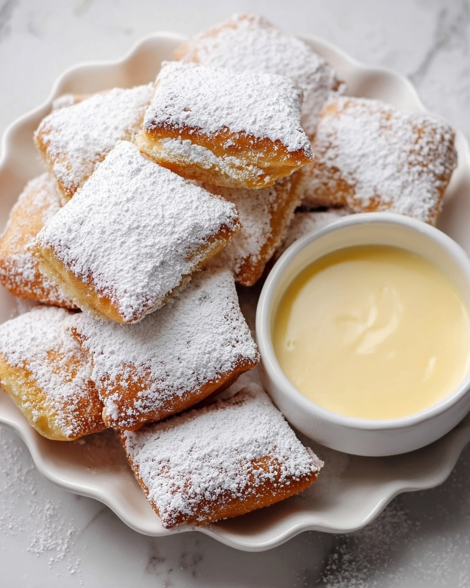 A white plate with a wavy edge holds about ten golden-brown square dough pieces topped with a thick, even layer of white powdered sugar. The dough pieces are soft with slight puffiness, stacked closely together. On the right side of the plate is a small white bowl filled with smooth light yellow cream. The plate rests on a white marbled surface. photo taken with an iphone --ar 4:5 --v 7