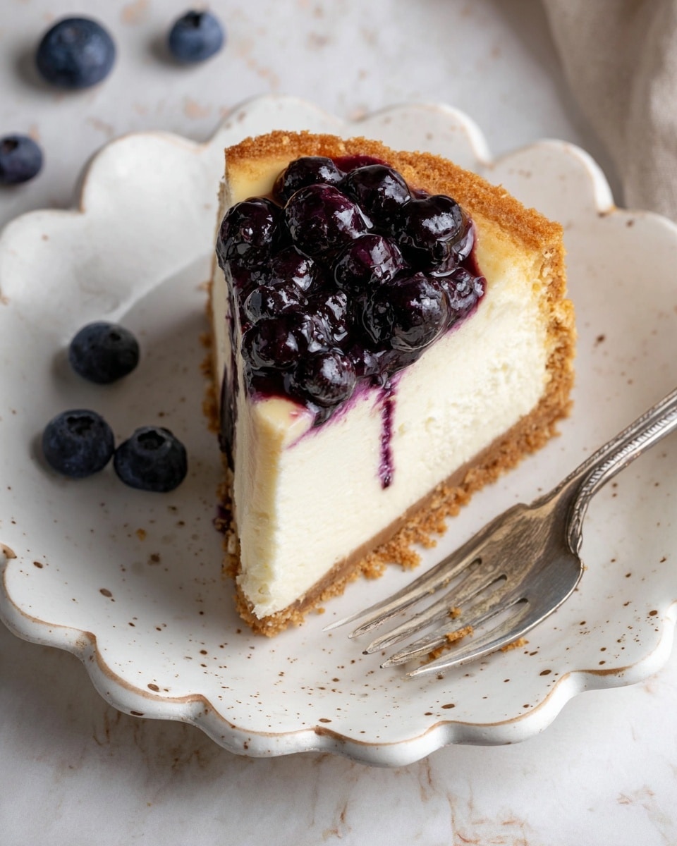 A slice of blueberry cheesecake sits on a white plate with a subtle scalloped edge and small brown speckles. The cheesecake has three visible layers: a thick, golden-brown crumb crust at the bottom and edges; a tall, smooth, creamy white cheesecake layer in the middle; and a topping of dark purple blueberry sauce with whole blueberries, some slightly spilled onto the edges. A silver fork lies beside the cheesecake on the plate, and a few whole blueberries rest on a white marbled surface around the plate. Photo taken with an iphone --ar 4:5 --v 7