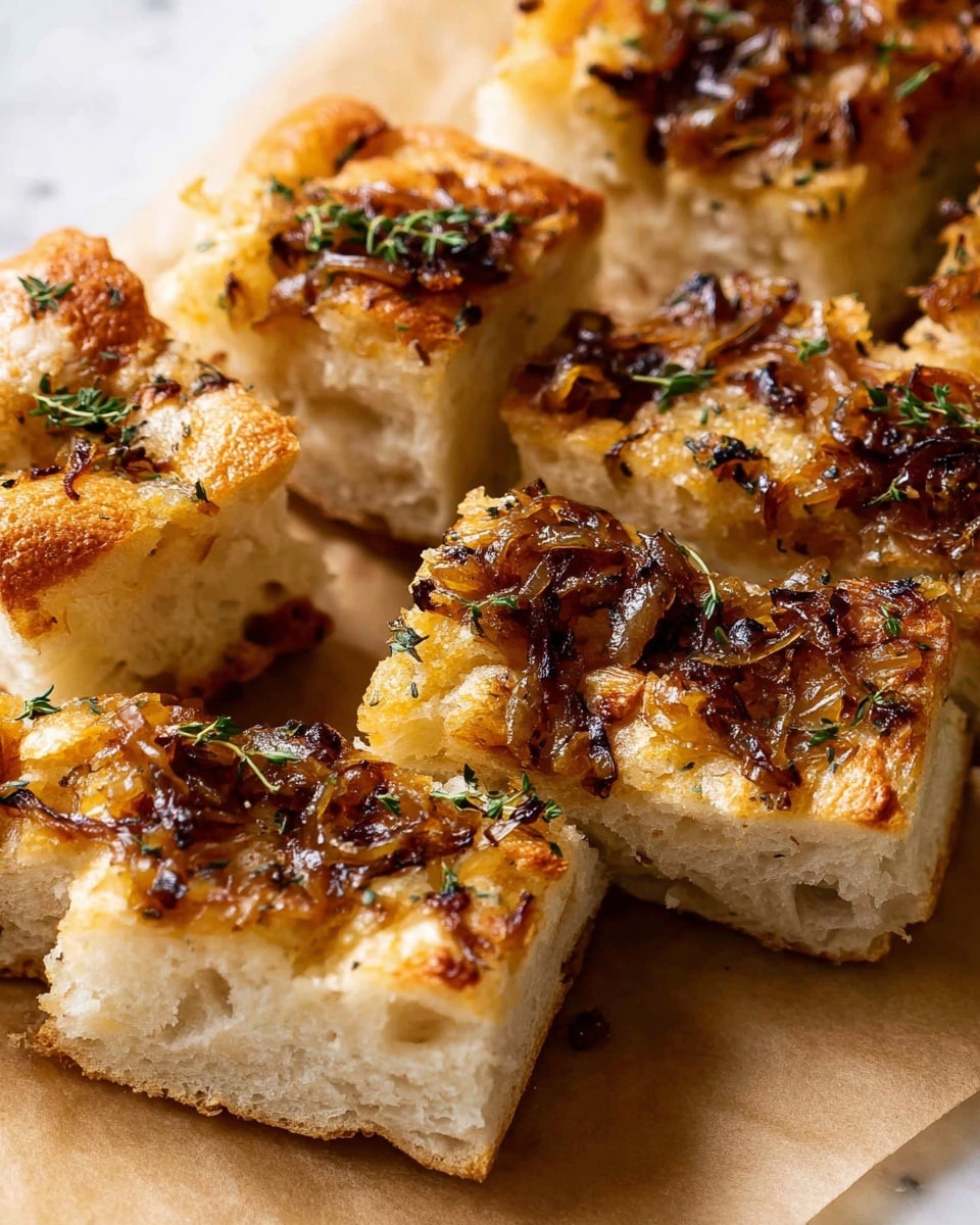The image shows several thick, square pieces of bread with a soft, light beige inside and a golden crust. The top of each piece is covered with a layer of caramelized onions that are dark brown with some amber tones, mixed with small green herb leaves, creating a textured and slightly crispy surface. The bread pieces are arranged closely on a light brown parchment paper, placed on a white marbled surface. The image is a close-up, focusing on the different textures of the bread and onions, with natural warm lighting that highlights the caramelized topping. photo taken with an iphone --ar 4:5 --v 7