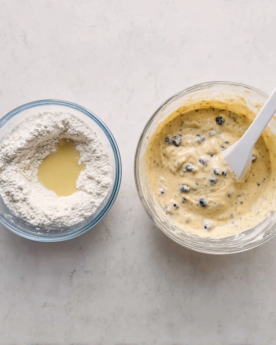 The image shows two clear glass bowls placed on a white marbled surface. The bowl on the left contains dry and wet ingredients before mixing, with white flour layered on the outer part and a pool of light yellow liquid in the center. The bowl on the right holds a creamy light beige batter mixed with small blue and black berries evenly spread throughout, with a white spatula partially submerged on the right side of the bowl. Photo taken with an iphone --ar 4:5 --v 7