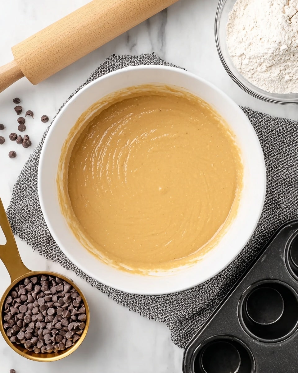 The image shows a big white bowl filled with light tan batter that has a smooth and creamy texture inside it. Around the bowl, on a white marbled surface, there is a gold measuring cup full of small dark brown chocolate chips on the left side, and a black cupcake pan on the right side showing empty round molds. A gray textured cloth is underneath some of the items, with a wooden rolling pin resting on it at the top left. Near the top right, a clear bowl with white flour and a gold measuring tool is partially visible. photo taken with an iphone --ar 4:5 --v 7