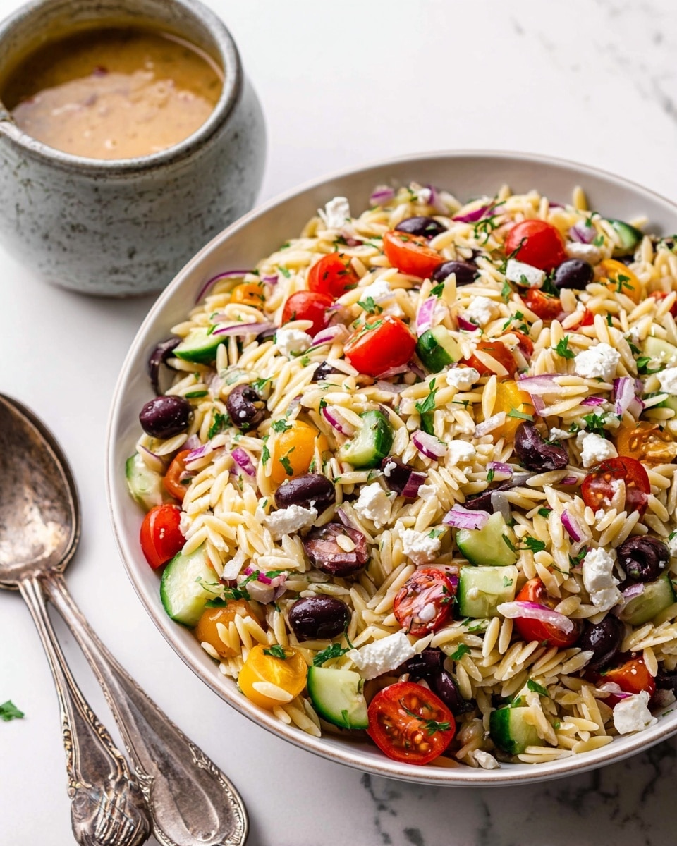 A large white bowl is filled with a colorful mix of orzo pasta, halved red cherry tomatoes, small chopped cucumber pieces, black olives, and red onion bits, all topped with scattered white crumbled feta cheese and green herbs. The textures include the smooth orzo, juicy tomatoes, firm cucumber, and crumbly cheese spread evenly across the bowl. Behind the bowl, there is a gray ceramic bowl filled with a light brown dressing, resting on a white marbled surface with two vintage silver spoons nearby. Photo taken with an iphone --ar 4:5 --v 7