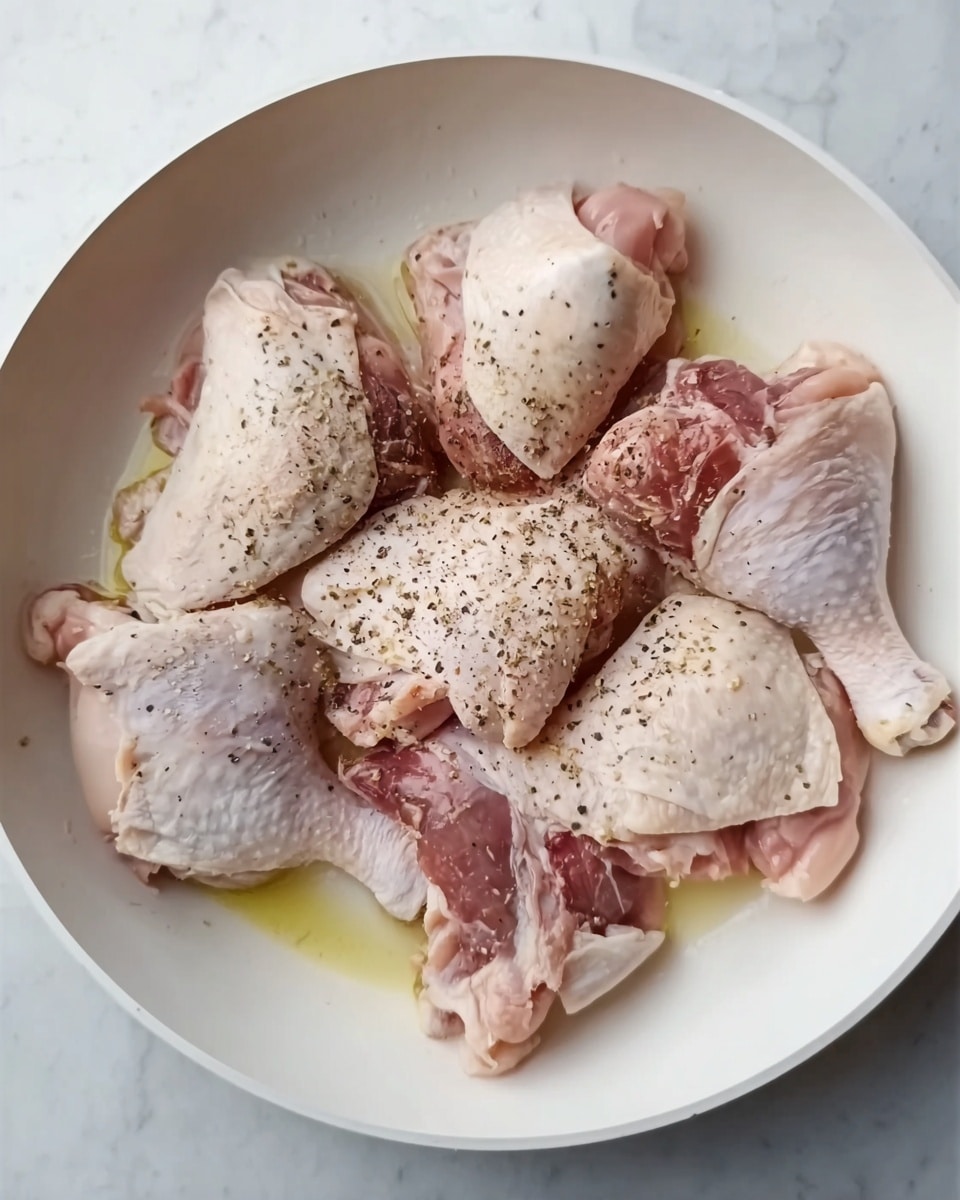 A white pan with six pieces of raw chicken, including thighs and drumsticks, is shown from above. The chicken pieces have pale pink and white skin with some visible fat and bone, lightly sprinkled with coarse black pepper. The pan has some light yellow oil coating the bottom, which adds a slight shine to the chicken. The background is a white marbled surface. Photo taken with an iphone --ar 4:5 --v 7
