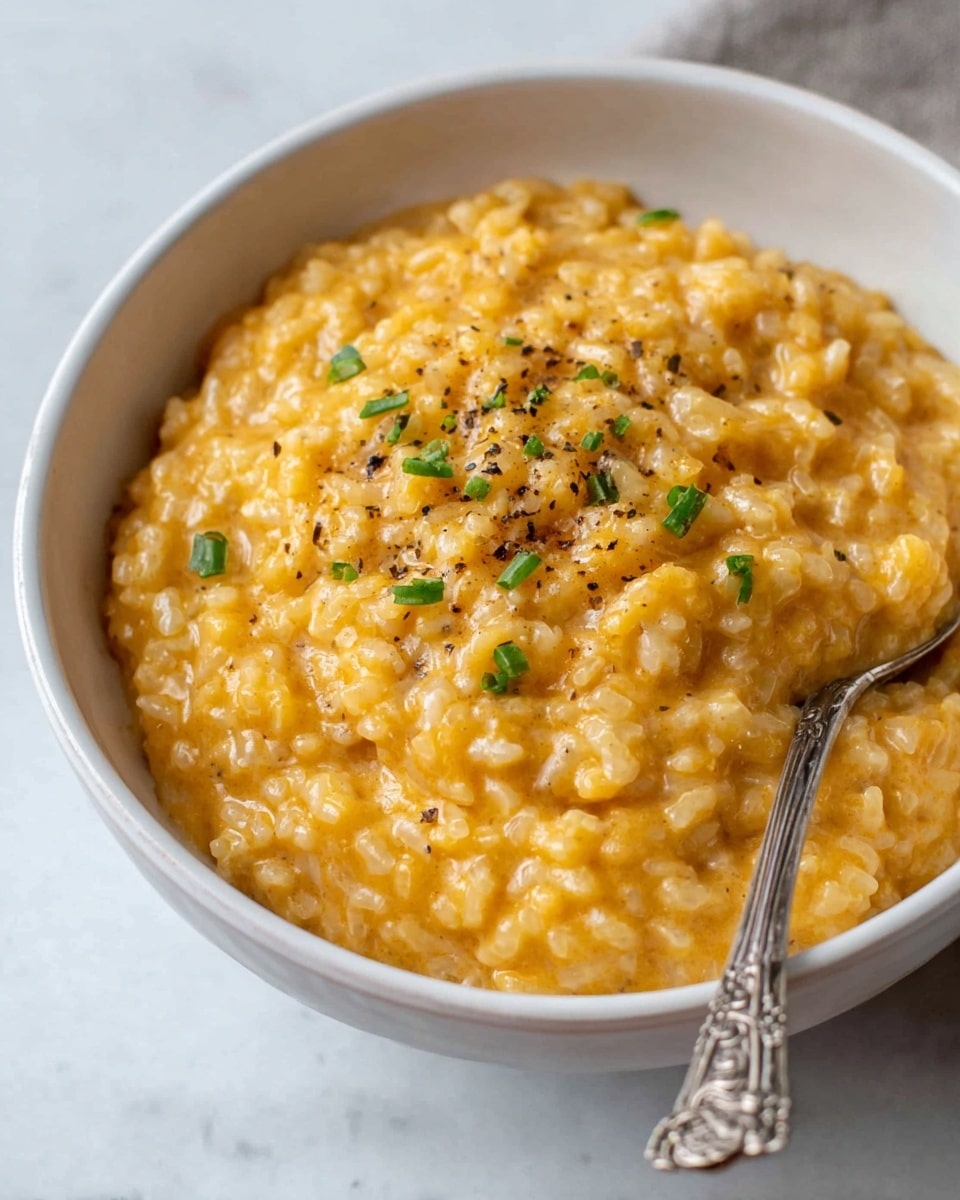 A white bowl filled with creamy, light orange risotto, showing a soft and thick texture with small rice grains visible throughout. The risotto is topped with small green herb pieces and a few flecks of black pepper scattered on the surface. A silver spoon with decorative details is placed inside the bowl on the right side. The bowl sits on a white marbled surface with a soft, light background. photo taken with an iphone --ar 4:5 --v 7