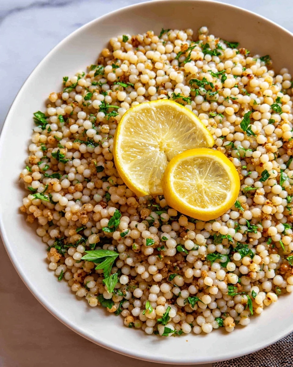 A close-up image of a white plate filled with toasted pearl couscous, showing a mix of light beige and golden brown toasted grains, topped with chopped green herbs scattered evenly for color contrast. Two lemon wedges with bright yellow skin and pale juicy flesh rest in the center on top of the couscous, adding a fresh and vibrant detail. The plate sits on a white marbled surface, creating a clean and simple setting. photo taken with an iphone --ar 4:5 --v 7