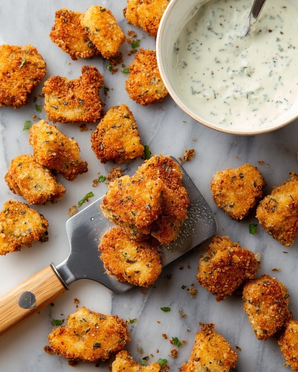 Several pieces of golden-brown, crispy nuggets with a rough texture and specks of herbs are scattered across a white marbled surface. In the center, a small stack of the nuggets rests on a metal spatula with a wooden handle. To the upper right, there is a white bowl filled with a creamy white dipping sauce mixed with green herb bits. The overall scene is bright and clean. photo taken with an iphone --ar 4:5 --v 7