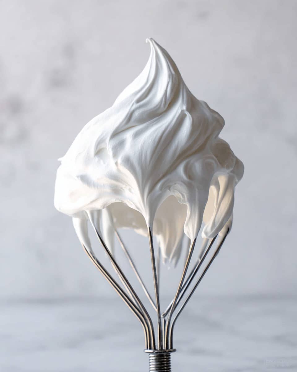 A close-up of a metal whisk beater covered in thick, white whipped cream with soft peaks. The whipped cream is fluffy and smooth, sitting on top of the thin metal wires that curve upward around the base. The whisk is standing on a white marbled surface with a plain light background, showing the texture and shine of the whipped cream clearly. photo taken with an iphone --ar 4:5 --v 7