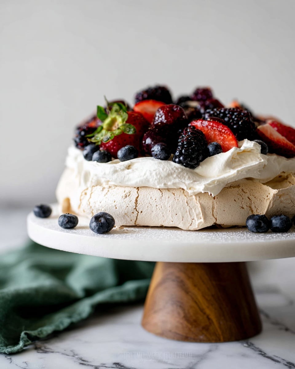 The image shows a three-layer dessert on a white cake stand with a wooden base, set on a white marbled surface. The bottom layer is a thick, light beige meringue with a rough, cracked texture. On top of this is a thick, smooth white cream layer spread evenly. The top layer consists of a mix of blackberries, blueberries, and halved strawberries scattered generously, showing dark and bright reds with a shiny, juicy texture. The background is plain white, and there is a green cloth blurred in the background. Photo taken with an iphone --ar 4:5 --v 7