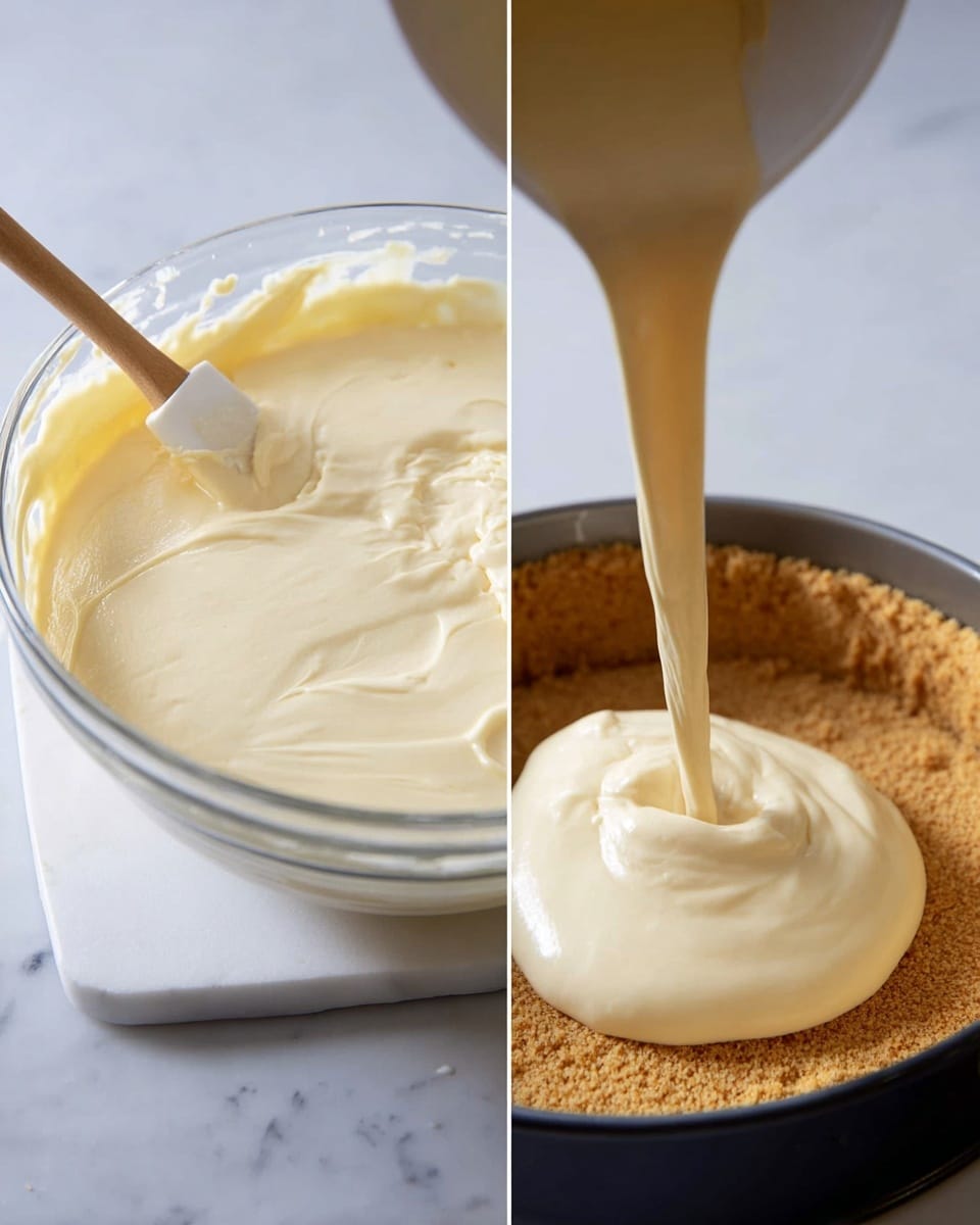 The image shows two stages of making a dessert. On the left, there is a clear glass bowl filled with smooth, creamy, pale yellow batter being stirred with a wooden spatula. On the right, the same creamy pale yellow mixture is being poured from a white container into a round baking pan lined with a golden brown crumb crust. The pan sits on a white marbled surface, with the creamy batter flowing thickly over the crust. Photo taken with an iphone --ar 4:5 --v 7