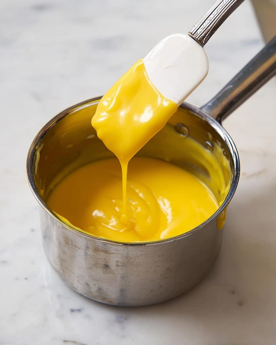 A small metal pot filled with smooth, bright yellow custard-like sauce with a glossy, thick texture. A white spatula with a metal handle is partly dipped in the sauce, lifting some of it in a slow, creamy drip. The pot rests on a white marbled surface. photo taken with an iphone --ar 4:5 --v 7