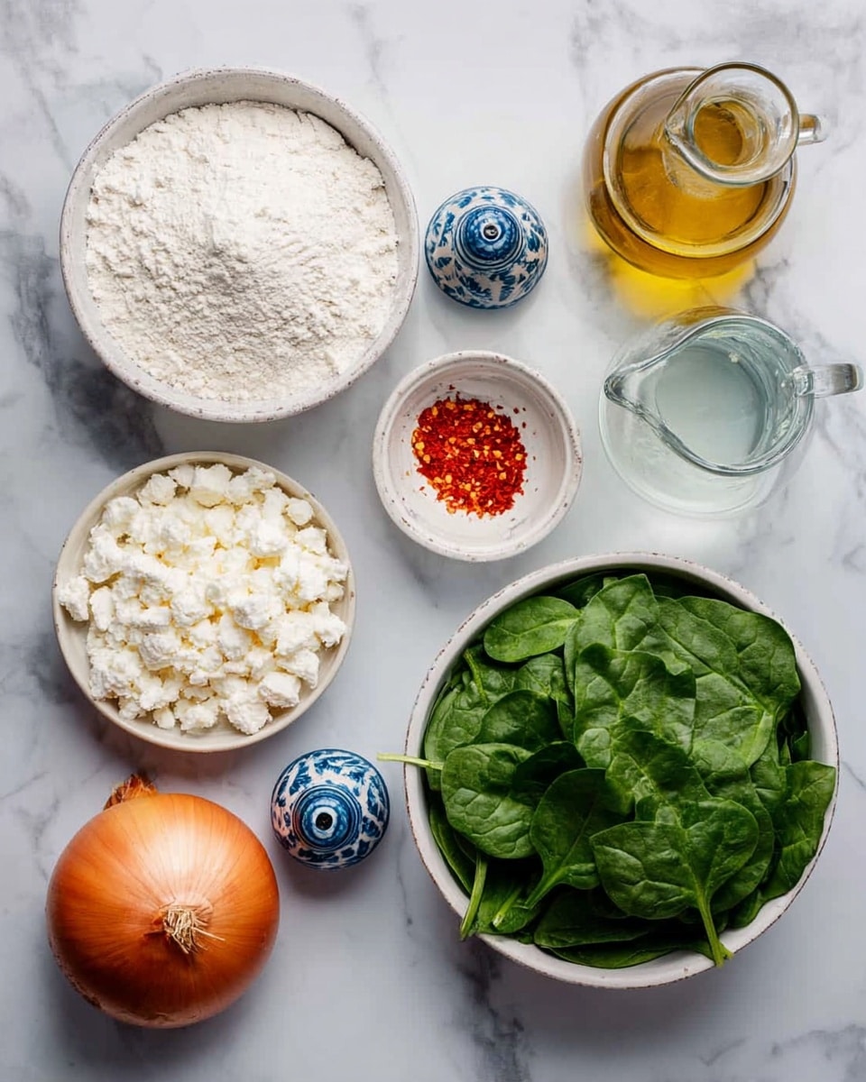 A top view of several cooking ingredients arranged on a white marbled surface: on the left, a large bowl filled with white flour, next to a small white dish with bright red chili flakes, two small blue and white shakers, a glass bottle of golden olive oil, and a glass jug of clear water. On the bottom left, a whole orange onion sits beside a small white bowl filled with white, crumbly cheese. On the right side, a white bowl piled high with fresh, dark green spinach leaves completes the scene. photo taken with an iphone --ar 4:5 --v 7