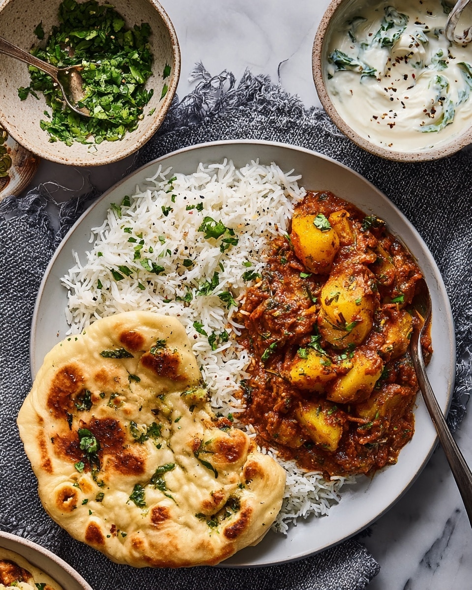 A white round plate holds three main layers: on the left side, a thick layer of reddish-brown curry with visible chunks of yellow potatoes and bits of green herbs mixed in; on the right side, a fluffy layer of white rice sprinkled with small green herb pieces and black pepper; below the rice, a folded piece of light golden naan bread with brown spots and scattered green herb bits on top. The plate is placed on a white marbled surface with a textured grey cloth underneath. Nearby, there is a small white bowl filled with green chopped herbs and a speckled beige bowl holding white creamy yogurt topped with green herb pieces, along with a spoon resting inside. A woman's hand is not visible here. photo taken with an iphone --ar 4:5 --v 7