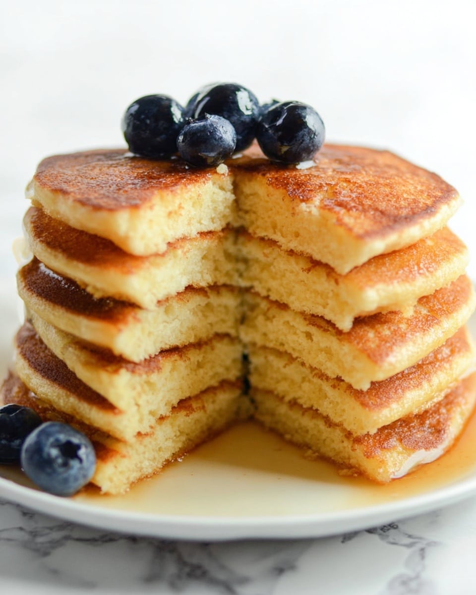 A stack of seven thick, golden pancakes with a soft and fluffy texture is placed on a white plate. The pancakes are evenly browned with a slightly crispy edge, and a slice has been removed, showing the light and airy inside layers. On top of the stack, there are several shiny, plump blueberries, with one blueberry resting on the plate in front. The background has a clean white marbled texture. The lighting is bright and natural, highlighting the warm tones of the pancakes and the deep blue of the blueberries photo taken with an iphone --ar 4:5 --v 7