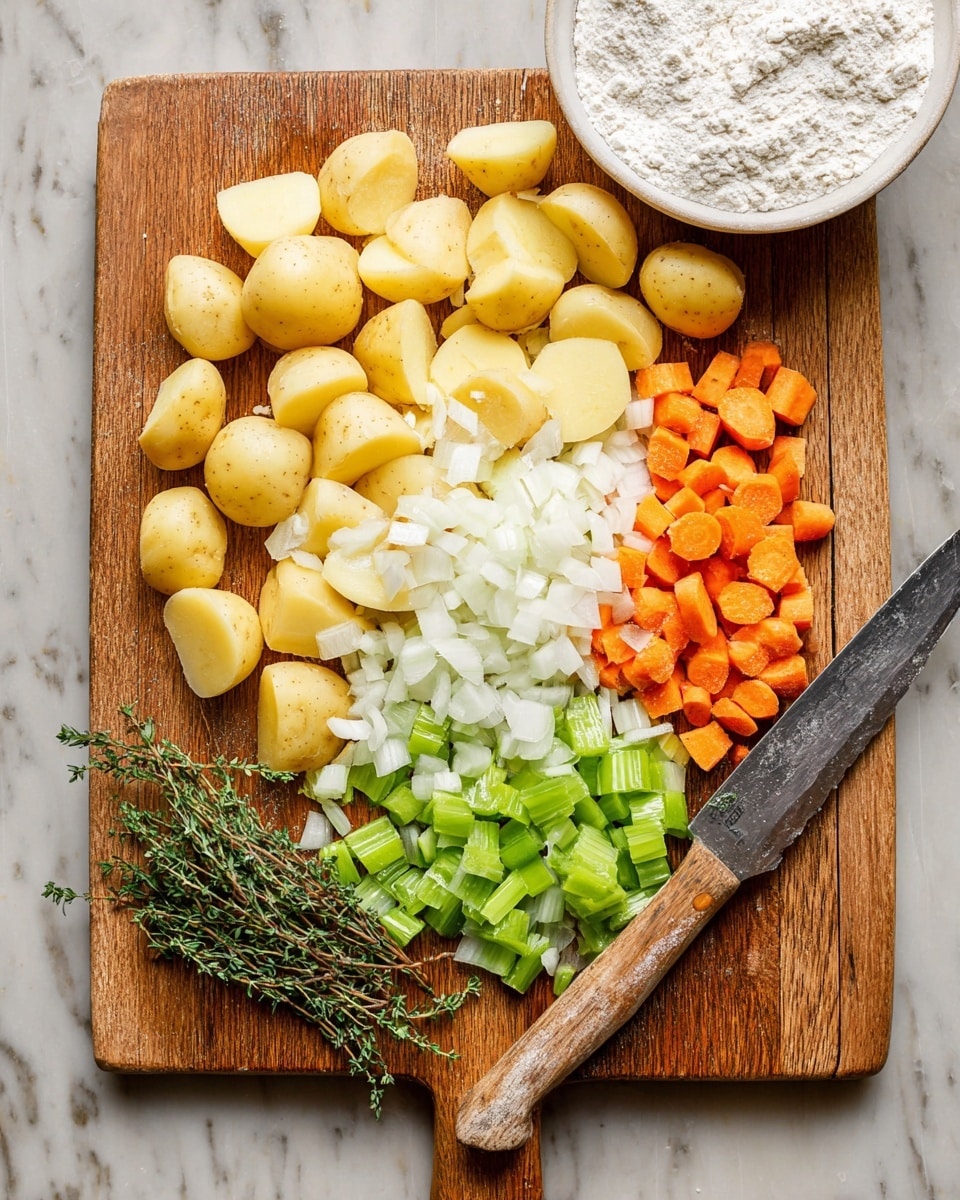 The image shows a wooden cutting board placed on a white marbled surface. On the board, there are several layers of chopped vegetables arranged separately: pale yellow halved small potatoes are spread around the edges, bright orange carrot slices are grouped near the bottom center, finely chopped white onions form a small mound in the center, and fresh green celery pieces are near the top right. A small bunch of fresh thyme with green leaves rests on the potatoes near the bottom. A large knife with a wooden handle lays on the right side of the board with the blade partially under the potatoes. In the top right corner of the image, a white bowl filled with white flour is partially visible. photo taken with an iphone --ar 4:5 --v 7