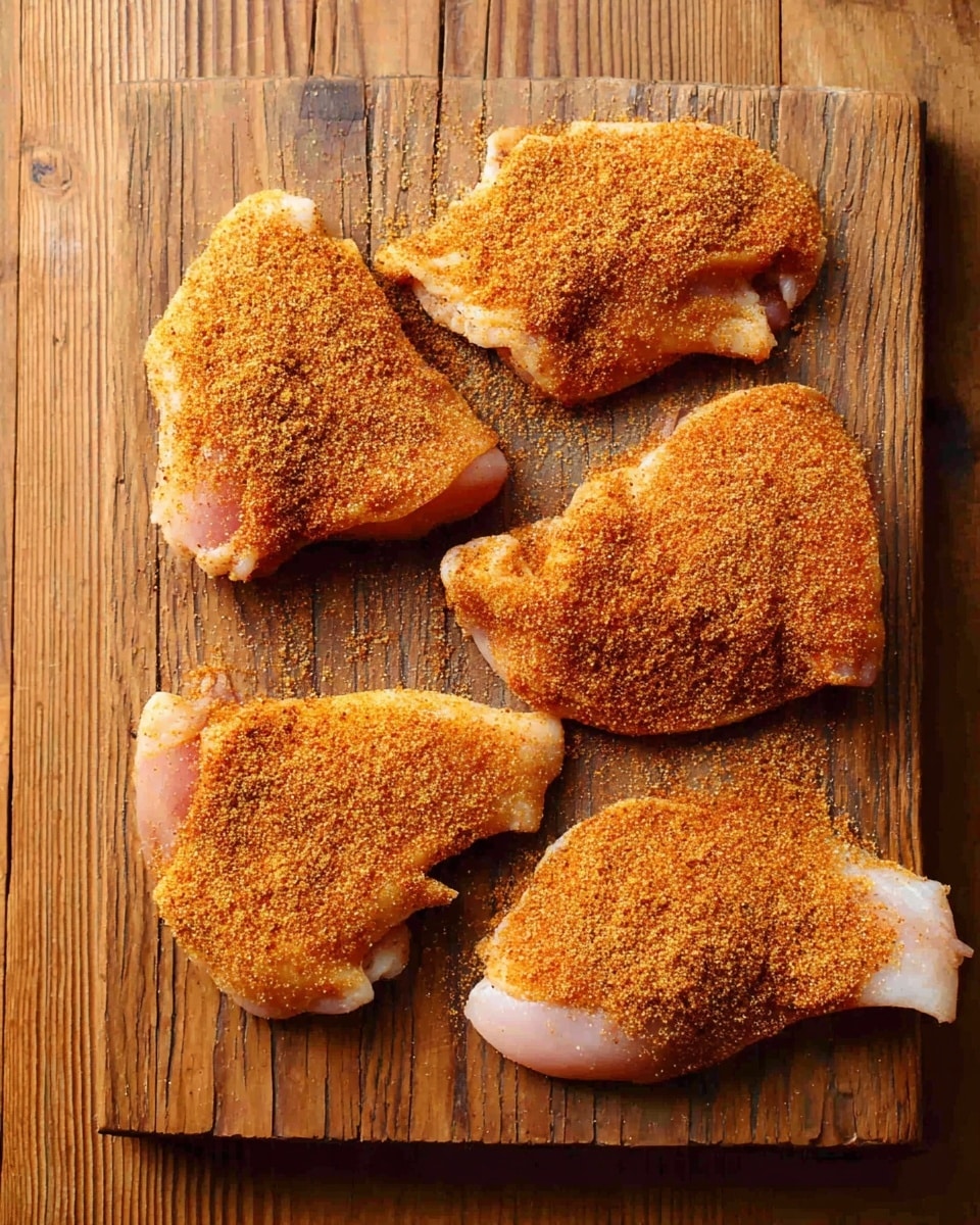 A wooden board with a warm light brown color holds four raw chicken pieces, each covered evenly with a dry, rust-colored spice blend that has a grainy texture, almost like cornmeal. The chicken pieces vary in size and shape, lying flat on the board. The wood beneath the board has a natural, slightly weathered look with straight grain lines running vertically. The scene is simple, focusing on the rough texture of the spice and the pale pink skin of the chicken. Photo taken with an iphone --ar 4:5 --v 7