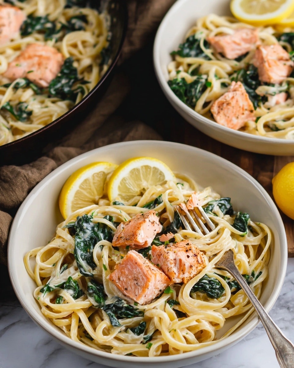 The image shows a bowl of creamy pasta with four pink salmon pieces laid on top, mixed with wilted dark green spinach and light cream sauce. The pasta strands are pale yellow and thick, curling softly under the salmon and spinach. Two thin, yellow lemon slices are placed on the edge of the bowl, which is white and round. A silver fork rests inside the bowl, with some pasta twirled around its tines. In the background, two more bowls with the same dish show similar layers but are slightly blurred. The whole scene is set on a white marbled surface, adding a clean look to the warm colors of the food. photo taken with an iphone --ar 4:5 --v 7