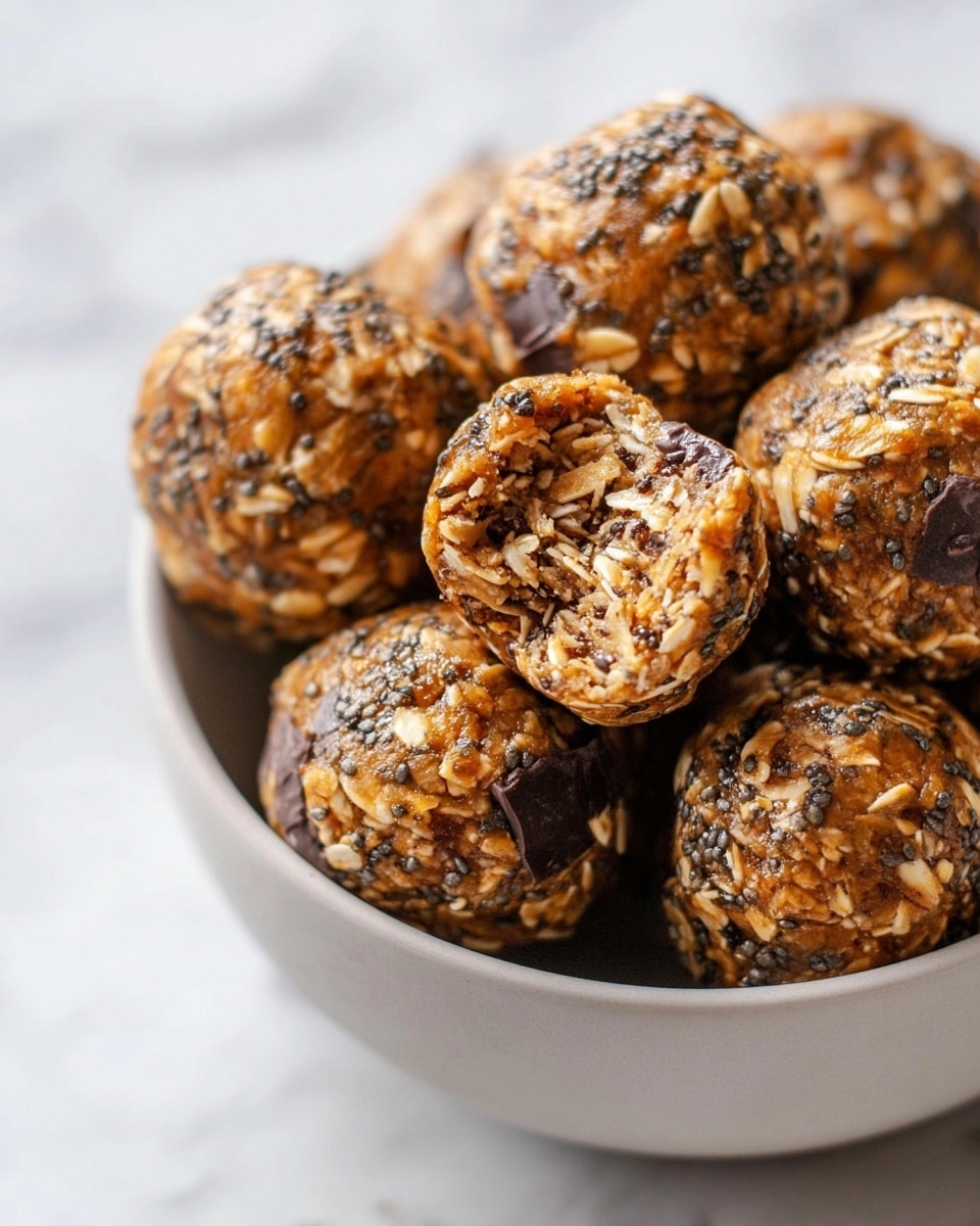 A close-up view of a white bowl filled with round energy balls, each about the size of a walnut. The balls have a rough texture made from layers of light brown oats, dark brown chocolate pieces, and tiny black chia seeds mixed with a sticky golden binder holding everything together. One ball is broken, showing a dense inside with visible pieces of oats, chocolate, and seeds. The bowl sits on a white marbled surface, and the colors are warm with natural light highlighting the shiny, textured surface of the energy balls photo taken with an iphone --ar 4:5 --v 7