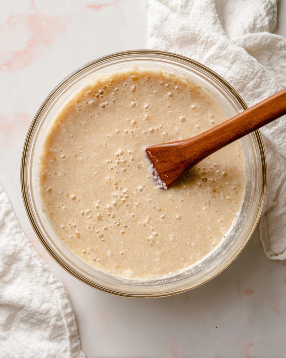 The image shows a close-up top view of a clear glass mixing bowl filled with a light beige, bubbly batter that has a thick, slightly lumpy texture. Inside the bowl, a brown spatula is partially submerged in the batter, angled diagonally. The bowl sits on a white marbled surface with soft pink veining, and a white cloth is placed nearby on the surface. Photo taken with an iphone --ar 4:5 --v 7