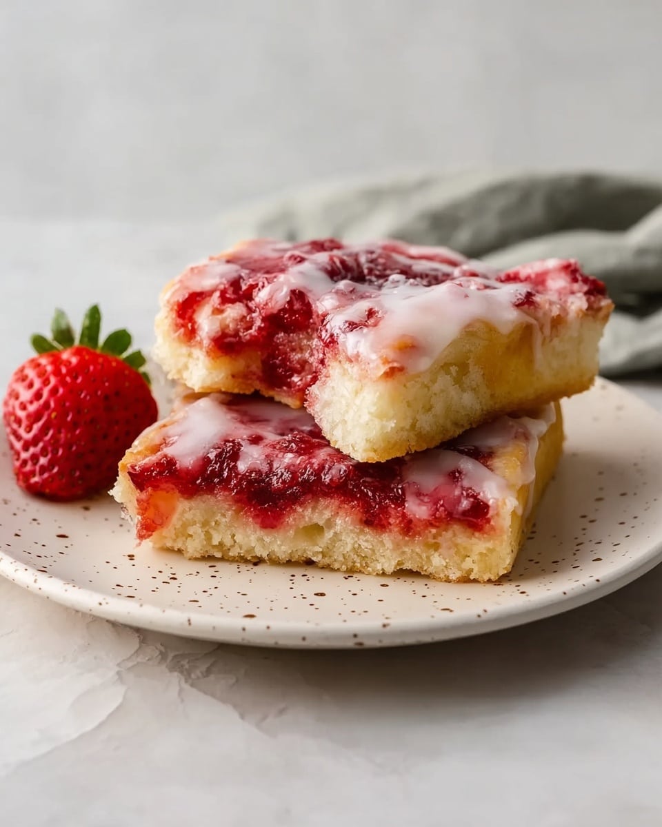 The image shows two thick square pieces of strawberry pastry on a white plate with small brown dots, placed on a white marbled surface. The bottom layer of the pastry is a soft, light golden dough. Above this, there is a layer of bright red strawberry jam with bits of strawberries, creating a textured and slightly shiny surface. The top layer is a thin white glaze that covers the jam, creating a glossy finish with some small cracks. One piece of pastry is whole, and the other is broken in half, showing the soft inside and jam between the layers. A fresh strawberry is placed near the plate on the white marbled surface, and a grey cloth is softly folded in the background. photo taken with an iphone --ar 4:5 --v 7