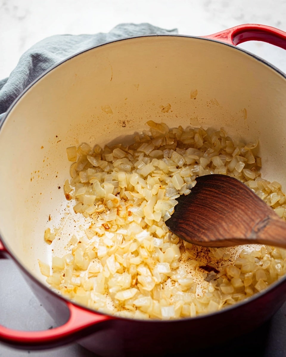 A close-up view inside a large white pot with a red handle, showing small golden-brown cooked onion pieces layered mostly at the bottom with some spread slightly up the sides. A wooden spoon with a smooth, dark brown surface is stirring the onions from the right side. The pot’s inner surface shows some light browning and cooking marks. The background is a white marbled surface with a soft cloth seen blurred in the upper right corner. photo taken with an iphone --ar 4:5 --v 7