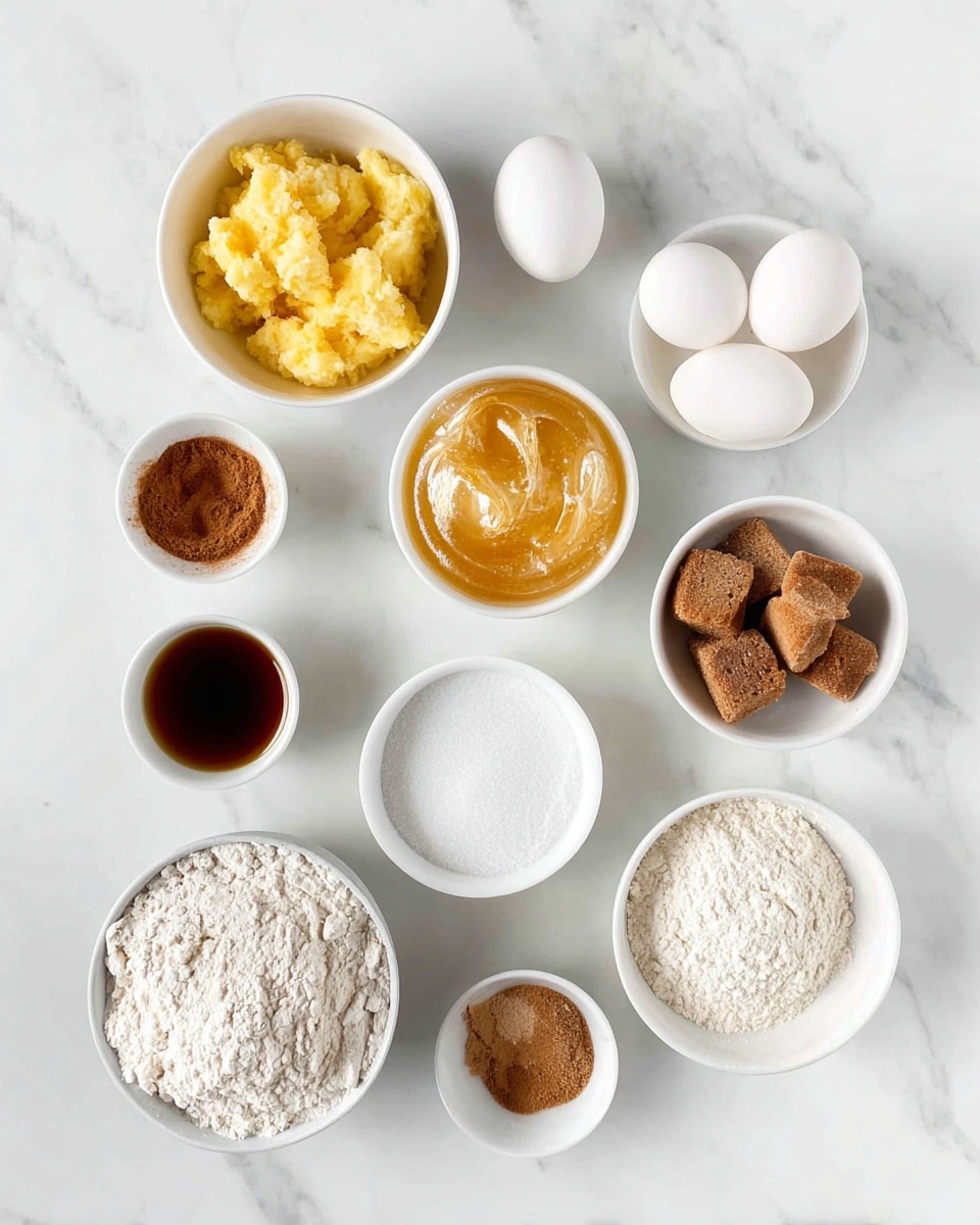 A top view of nine small white bowls arranged on a white marbled surface, each holding a different baking ingredient: mashed yellow bananas with a soft, chunky texture in one bowl, two whole white eggs in another, flour with a powdery white appearance piled high in one, golden melted butter in another, white sugar with a fine texture, several small brown sugar chunks, a small amount of cinnamon powder with a reddish-brown color, a small bowl of vanilla extract in dark amber liquid form, and a white powder of baking soda; all bowls are neatly spaced, showing a variety of textures and shades of brown, white, and yellow. photo taken with an iphone --ar 4:5 --v 7