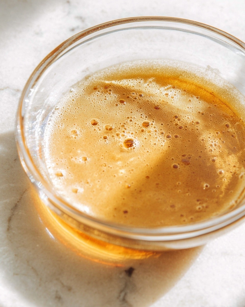 A close-up of a single-layer glass bowl showing a smooth, light brown liquid with small bubbles on its surface and a slightly shiny texture. The liquid looks thick and glossy with a few darker brown spots mixed in. The bowl sits on a white marbled surface with soft natural lighting highlighting the texture of the liquid. photo taken with an iphone --ar 4:5 --v 7