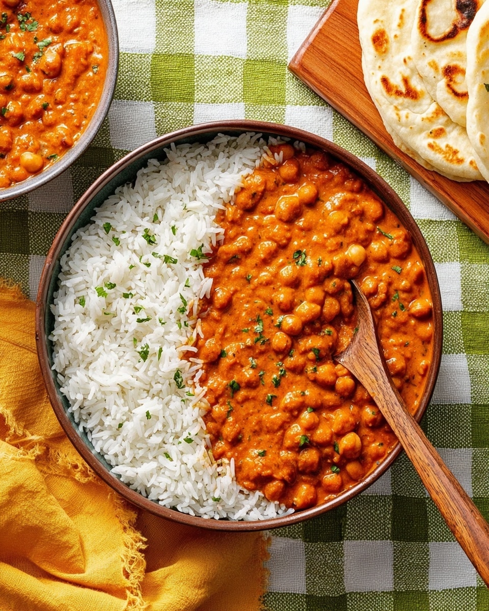 A round bowl is filled halfway with white, fluffy rice topped on one side by a thick, orange chickpea curry sauce dotted with small green herb pieces, with a wooden spoon resting partially in the curry on the right side. The bowl sits on a green and white checkered cloth next to a yellow cloth napkin. Part of a wooden board with round white flatbreads with browned spots is visible in the top right corner, and a smaller bowl with more curry is showing on the left side. Photo taken with an iphone --ar 4:5 --v 7