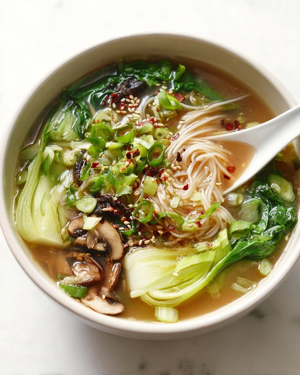 A white bowl filled with a light brown broth holds a nest of thin white noodles in the center. On top of the noodles are green chopped scallions and sesame seeds scattered around, along with red chili flakes. Around the noodles are bright green bok choy leaves and slices of brown mushrooms, some slightly soaked in the broth. A white ceramic soup spoon rests inside the bowl, partially submerged in the broth. The bowl sits on a white marbled surface. Photo taken with an iphone --ar 4:5 --v 7