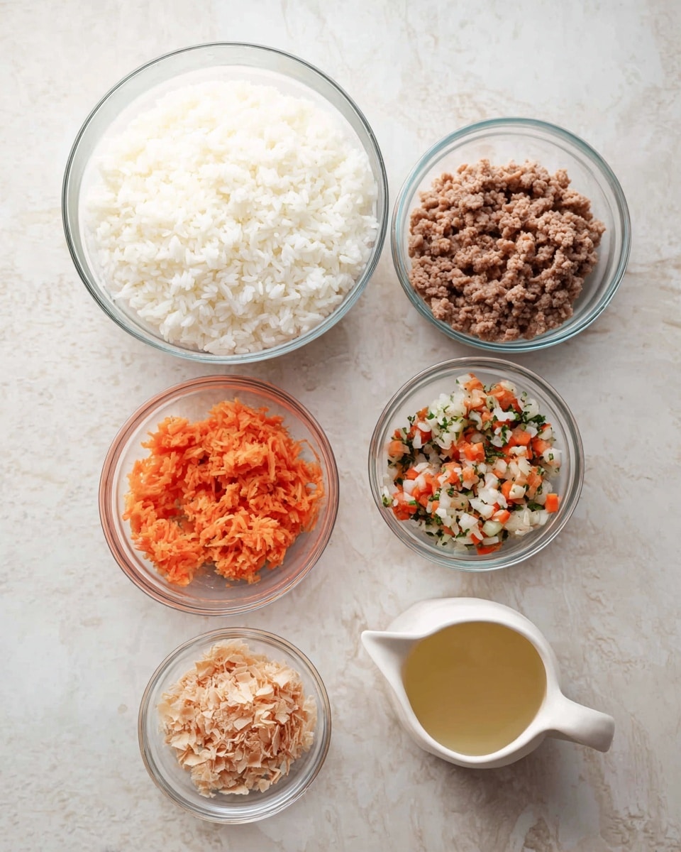Five clear glass containers are placed on a surface with a white marbled texture. On the top left is a large bowl filled with white rice, showing soft, fluffy grains. To its right, a medium bowl contains browned cooked ground meat with a crumbly texture. Below the rice bowl, a food processor bowl holds finely chopped vegetables in red, orange, white, and green colors, mixed with small bits of herbs. On the bottom left, a small bowl has shredded light brown tuna flakes. To the bottom right of the group, a small white jug contains a light golden liquid, possibly a sauce or broth. The setup is lit evenly, highlighting the natural colors and textures of each ingredient. photo taken with an iphone --ar 4:5 --v 7