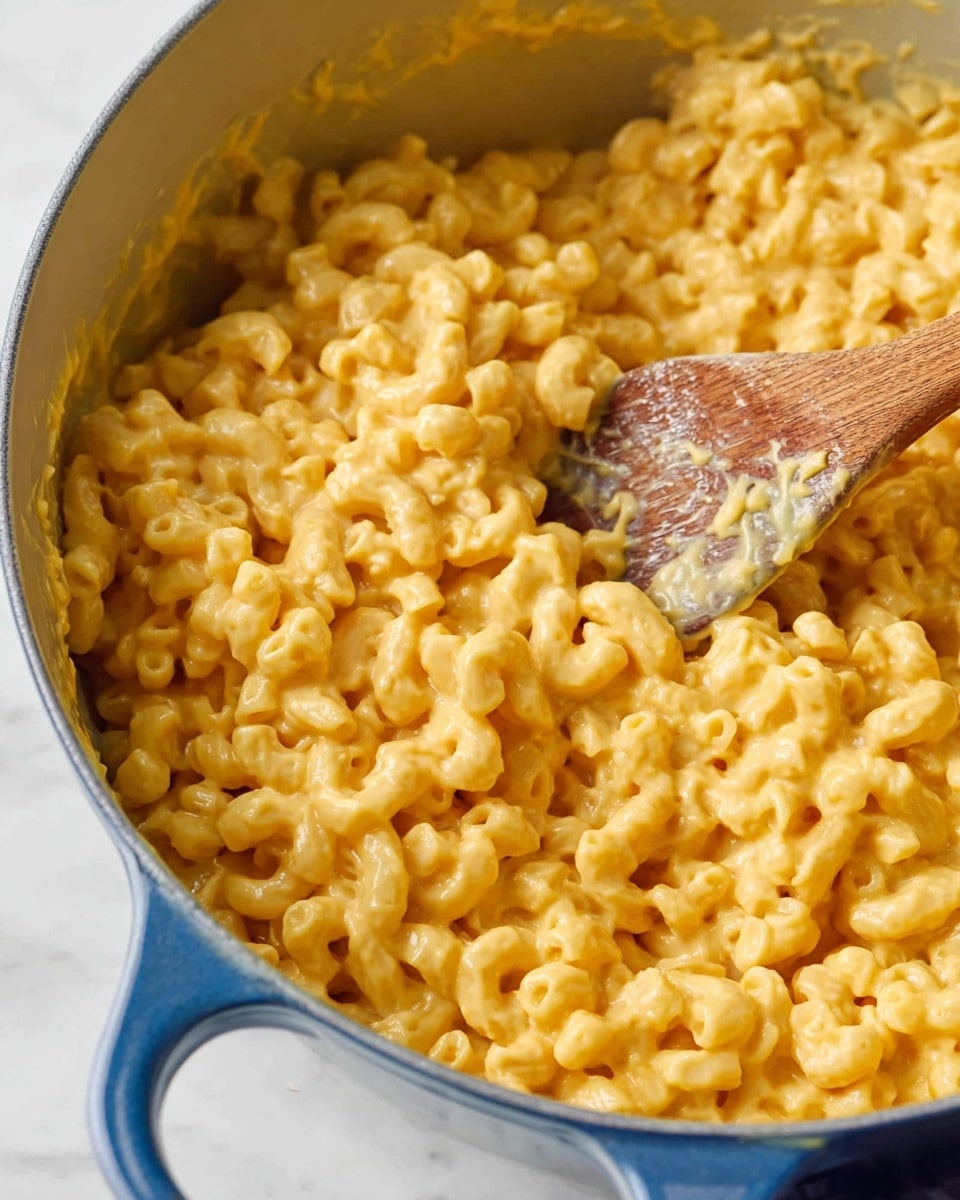 A close-up view shows a large pot filled with creamy macaroni and cheese, where elbow-shaped pasta is completely covered in a thick, smooth yellow-orange cheese sauce. The cheese sauce has a slightly glossy texture, making the pasta look soft and rich. A wooden spoon with some cheese sauce and pasta clinging to it is resting inside the pot, with its handle leaning towards the right side. The pot has a smooth light gray inside and a blue handle on top. The background is a clean white marbled surface. Photo taken with an iphone --ar 4:5 --v 7