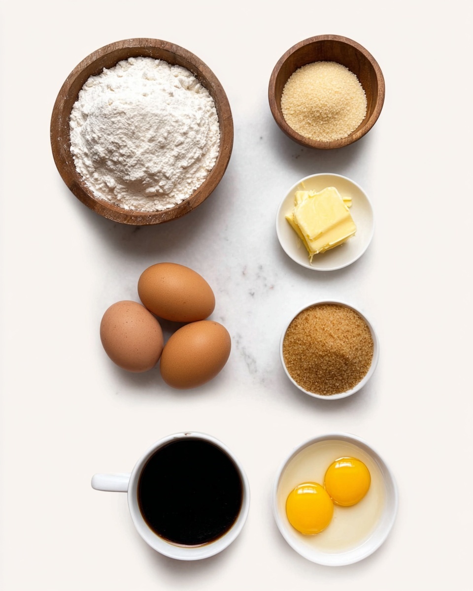 The image shows seven ingredients placed on a white marbled surface. At the top left, there is a wooden bowl filled with white flour, next to it on the right, a small wooden bowl contains white salt. Below the flour, there is a small pile of beige dry yeast. Slightly to the right, a small white bowl holds a yellow melted butter cube. Moving down, two brown eggs are placed side by side on the left. To the right of the eggs, a white bowl is filled with brown sugar. Near the bottom left, two yellow egg yolks are visible, and at the bottom right, a white cup of dark black coffee or liquid sits. All items are evenly spaced and clearly visible. photo taken with an iphone --ar 4:5 --v 7