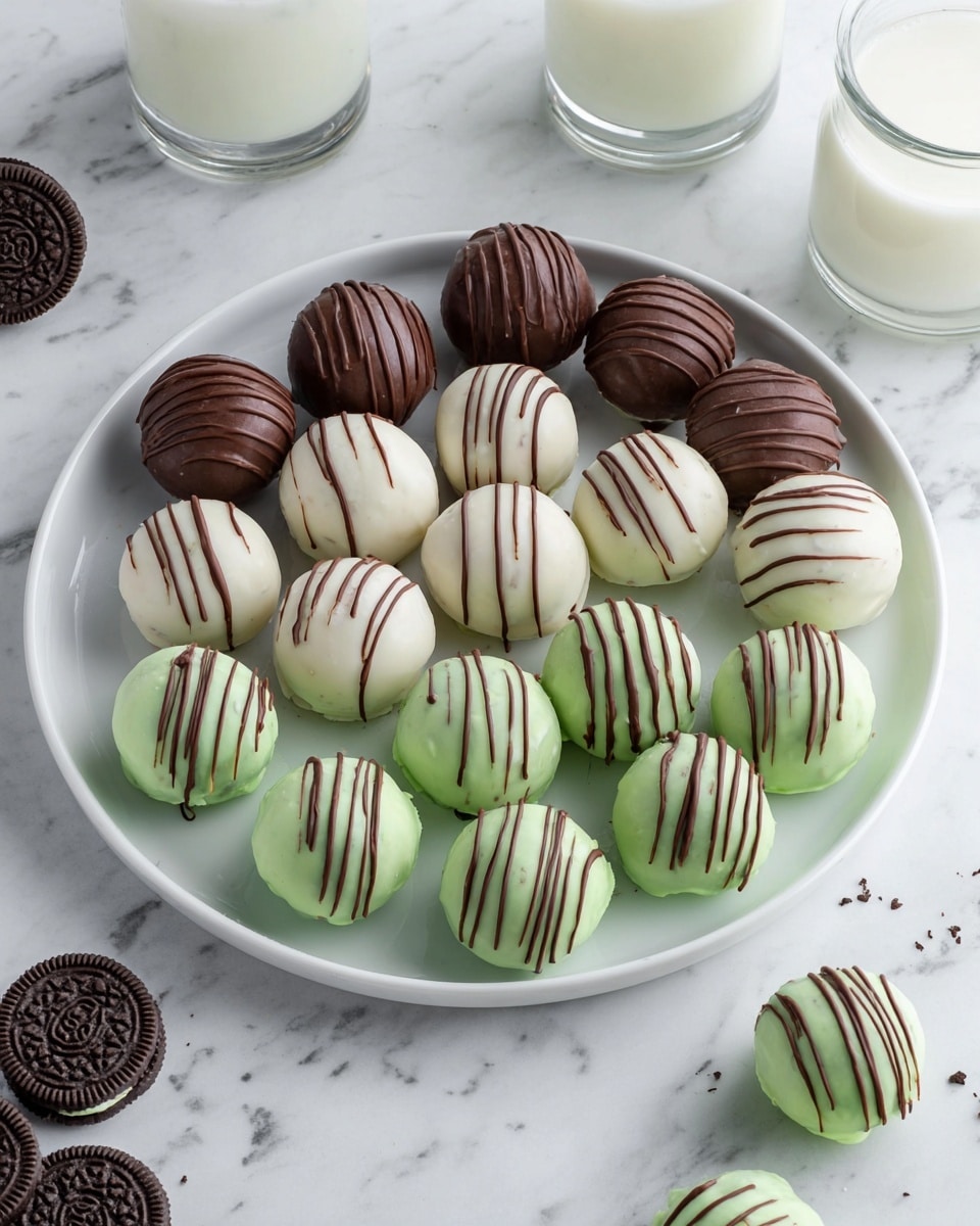 A white plate holds 21 round treats in three rows, each covered in smooth chocolate. The top row has 7 dark brown balls with thin dark brown drizzle lines across each. The middle row has 7 white balls, each with thin dark brown drizzle lines vertically over them. The bottom row contains 7 light green balls with shiny smooth surfaces, also decorated with thin dark brown drizzle lines. Outside the plate on a white marbled surface are three light green balls and three white balls with the same drizzle, chocolate discs, and some Oreo cookies visible at the bottom left. Two glasses of milk are in the top right corner. photo taken with an iphone --ar 4:5 --v 7