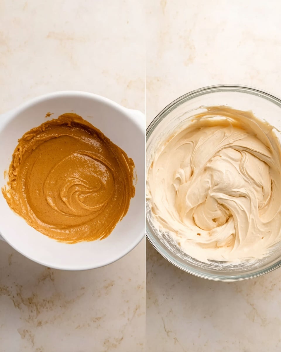 On the left, there is a white bowl filled with a smooth, thick, light brown mixture that looks creamy with a slightly shiny surface and some swirls. On the right, there is a clear glass mixing bowl with a thick, light beige cream, smooth and fluffy, with swirled peaks on top. Both bowls are placed on a white marbled surface, showing contrasting colors and textures between the two mixtures. photo taken with an iphone --ar 4:5 --v 7