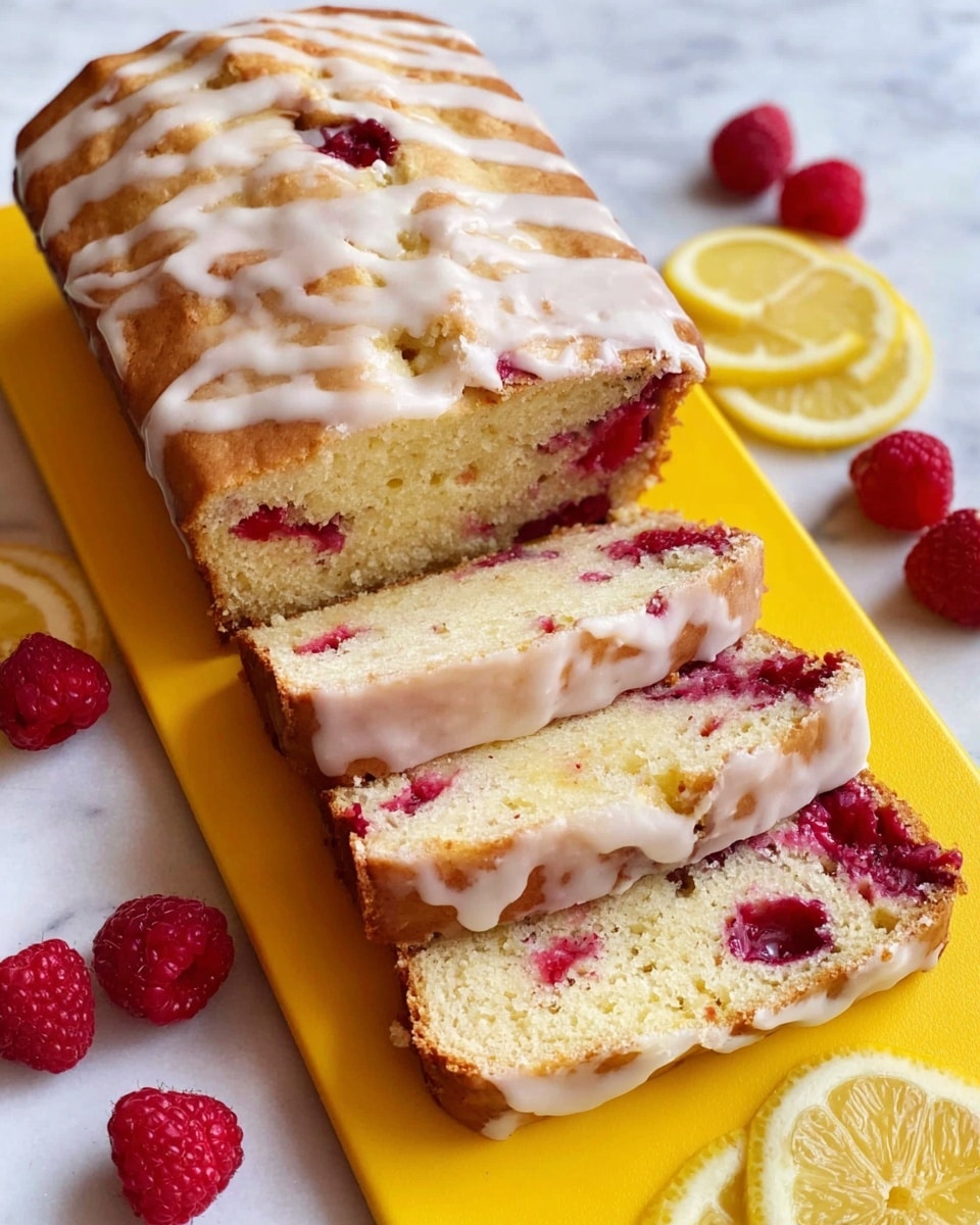 A white loaf cake with light brown top layer drizzled in white icing sits on a bright yellow cutting board. The cake is sliced into three thick pieces, showing soft light yellow inside layers mixed with many red raspberries. The top layer has some cracks, revealing raspberry bits underneath. Around the board are scattered fresh whole red raspberries and slices of bright yellow lemon. The background is a white marbled surface. photo taken with an iphone --ar 4:5 --v 7