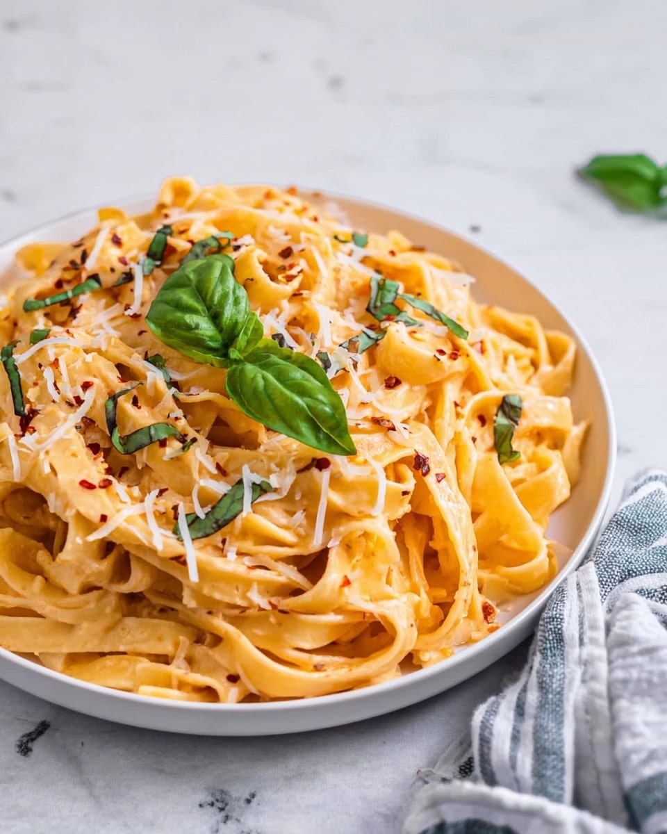 The image shows a white plate filled with a generous pile of fettuccine pasta coated in a creamy, light orange sauce, giving the noodles a smooth and rich texture. On top of the pasta, there are thinly sliced green basil leaves scattered evenly, adding pops of dark green color. Shredded white cheese is sprinkled throughout the dish, melting slightly into the sauce. Small specks of red pepper flakes are spread over the pasta, adding contrast and texture. A whole fresh basil leaf stands upright as a garnish near the center of the pasta pile. The plate sits on a white marbled surface with a blurred background, and a woman's hand is holding a light blue and white striped cloth near the plate. Photo taken with an iphone --ar 4:5 --v 7